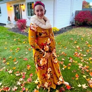 PinkBlush Mustard Floral Maternity long sleeve Maxi Dress MEDIUM